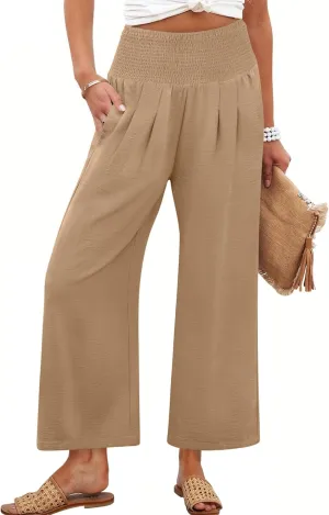 ANRABESS Womens Pants Wide Leg High Waisted Palazzo Pants Summer Flowy Beach Lounge Casual Trousers with Pockets