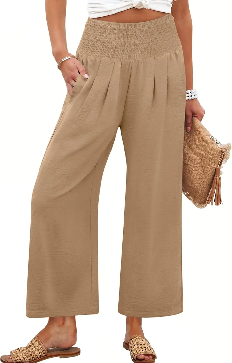 ANRABESS Womens Pants Wide Leg High Waisted Palazzo Pants Summer Flowy Beach Lounge Casual Trousers with Pockets
