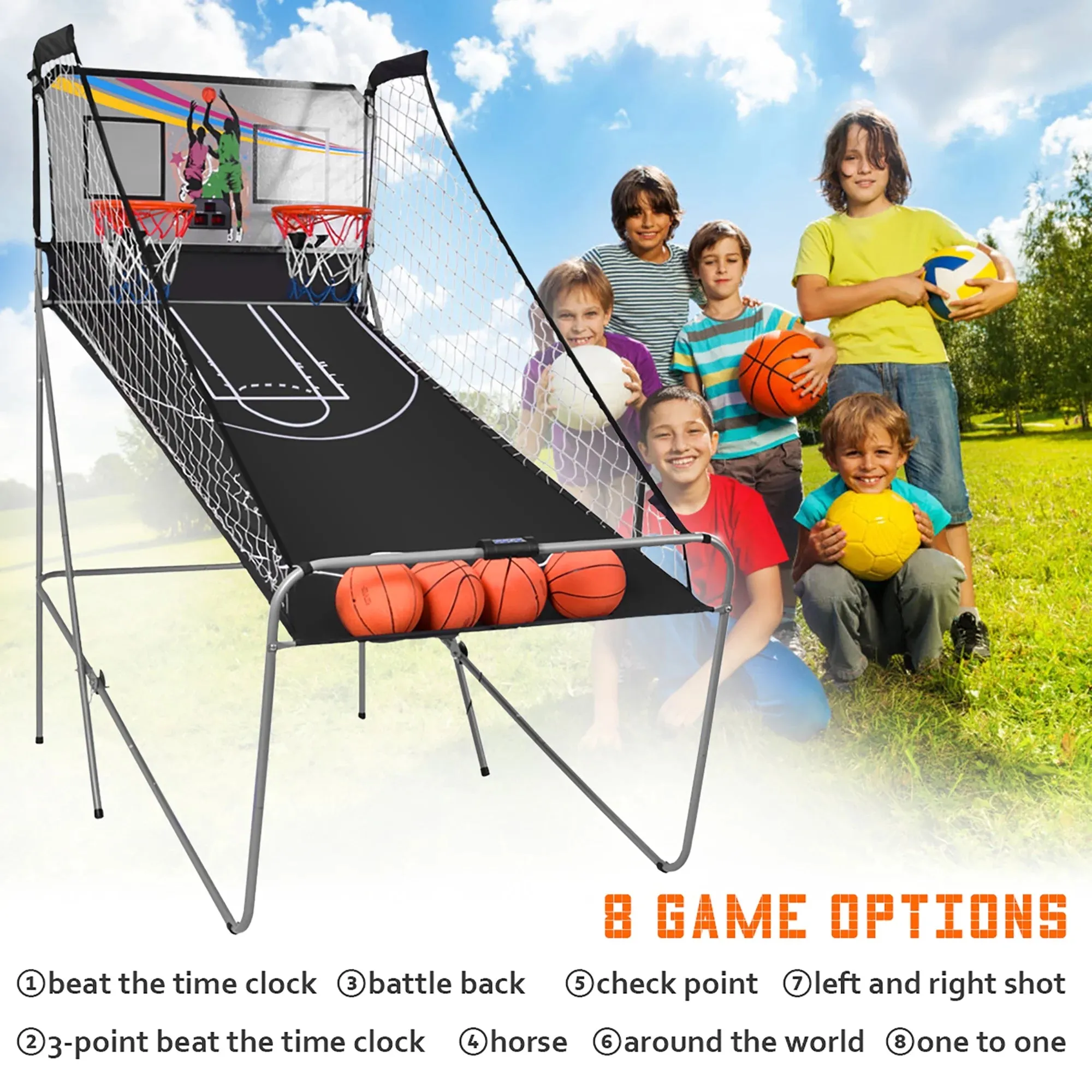 Costway Dual LED Electronic Shot Basketball Arcade Game with 8 Game Modes 4 Balls Foldable Grey