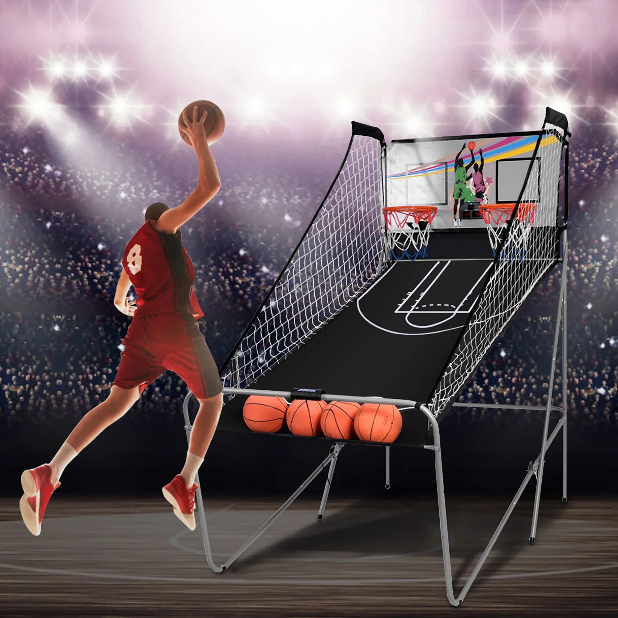 Costway Dual LED Electronic Shot Basketball Arcade Game with 8 Game Modes 4 Balls Foldable Grey