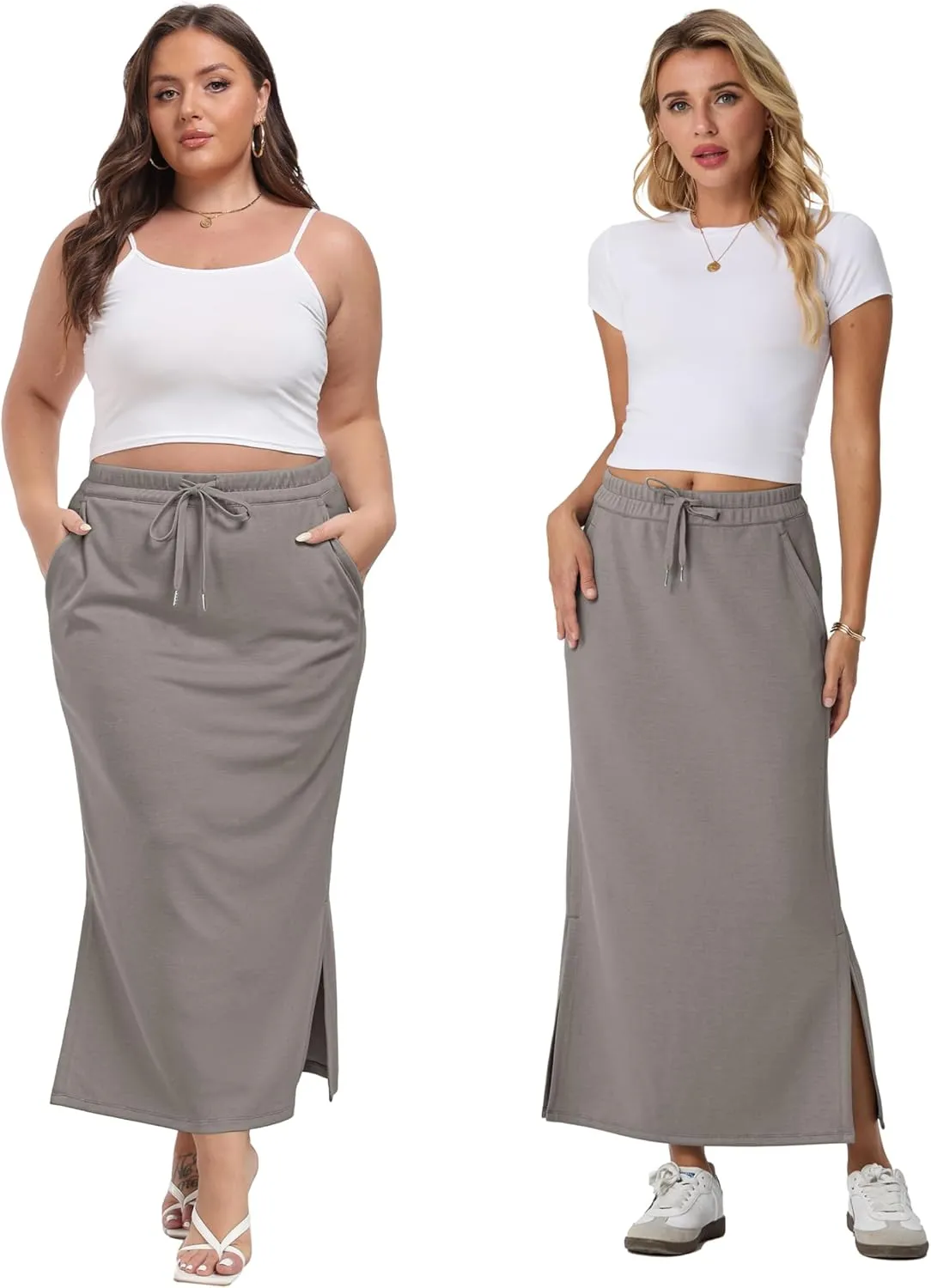 Lepunuo Casual Maxi Skirts for Womens High Waist Trendy Drawstring Side Slit Skirts with Pockets