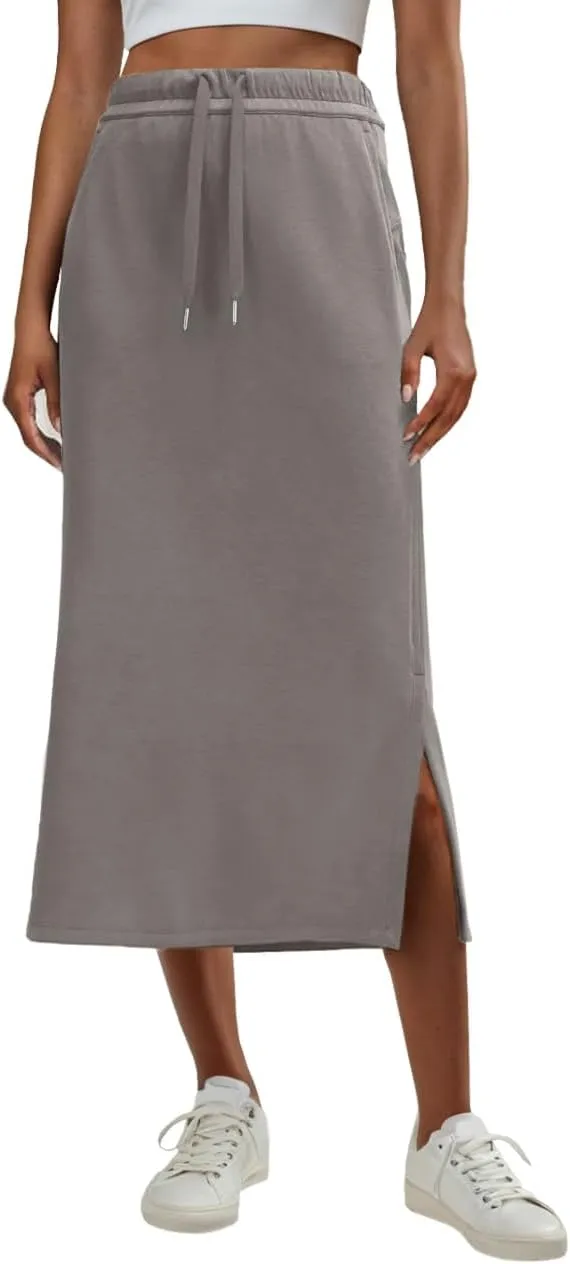 Lepunuo Casual Maxi Skirts for Womens High Waist Trendy Drawstring Side Slit Skirts with Pockets