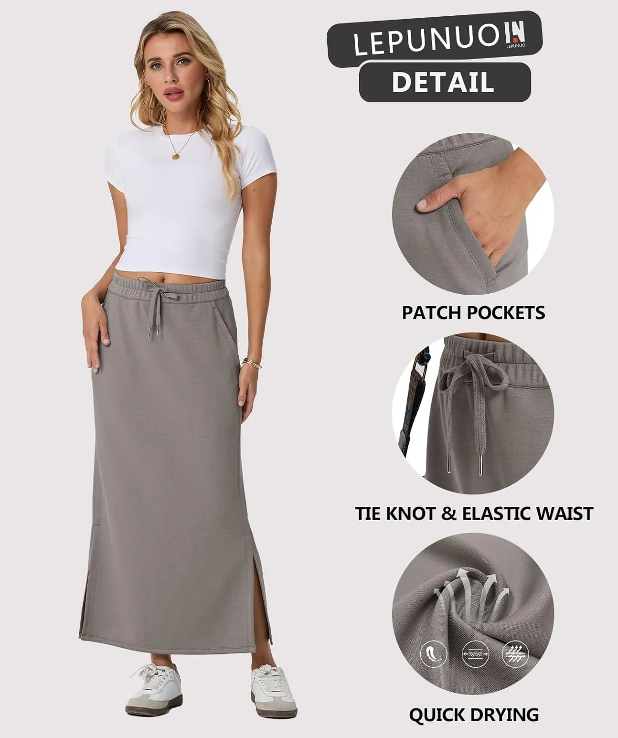 Lepunuo Casual Maxi Skirts for Womens High Waist Trendy Drawstring Side Slit Skirts with Pockets