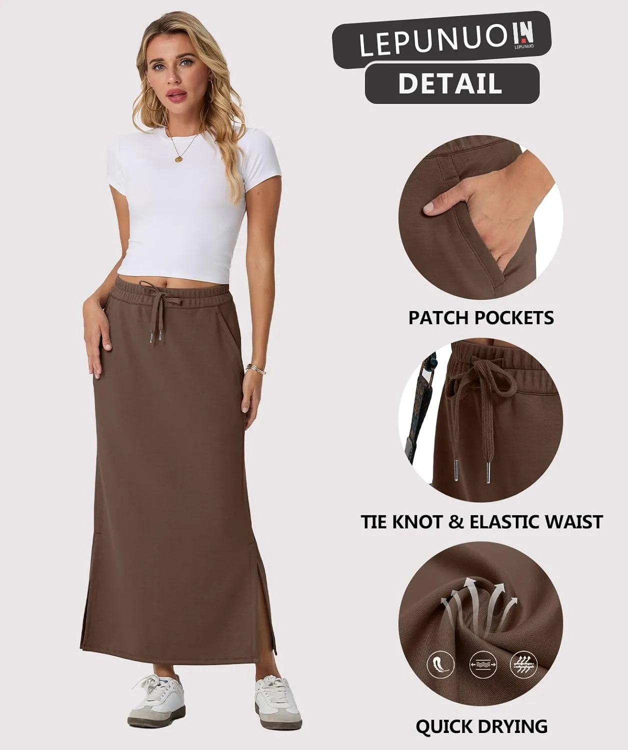 Lepunuo Casual Maxi Skirts for Womens High Waist Trendy Drawstring Side Slit Skirts with Pockets