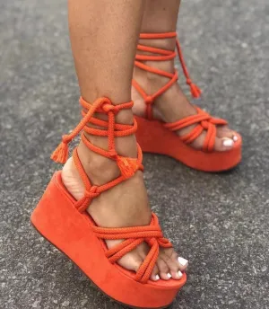 Leslie Lace Me Up Wedge Sandals