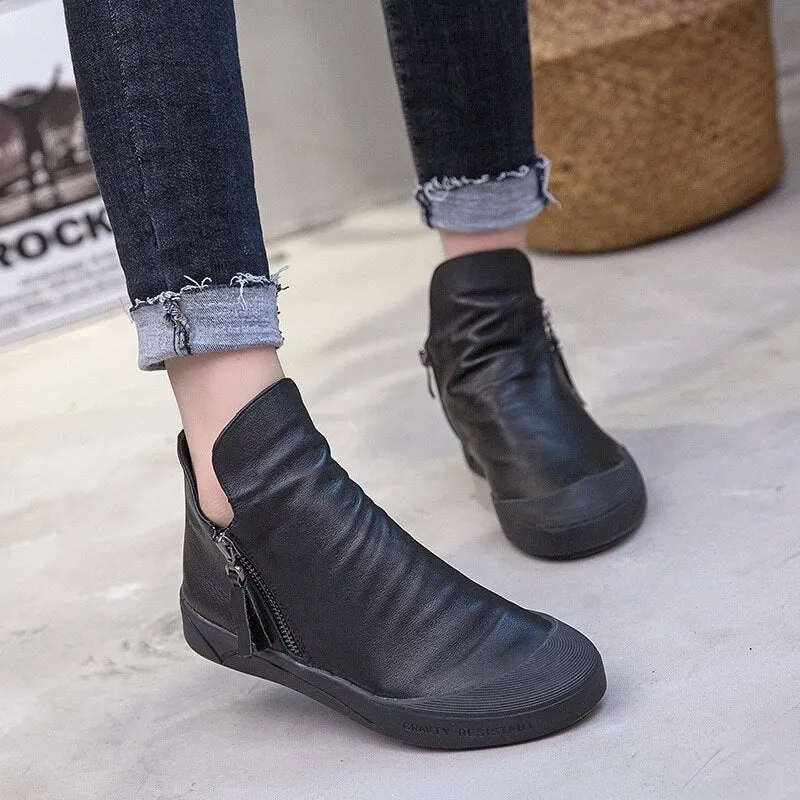 Ruched Genuine Leather Rubber Bottom Ankle Booties - Your Choice of Lining