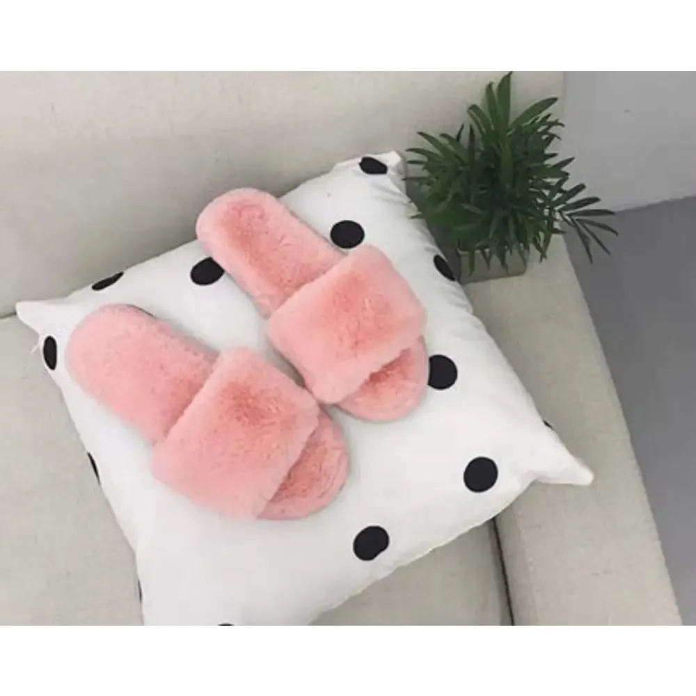 Women's Stylish Comfy Solid Pink Fur Open-Toe Slides