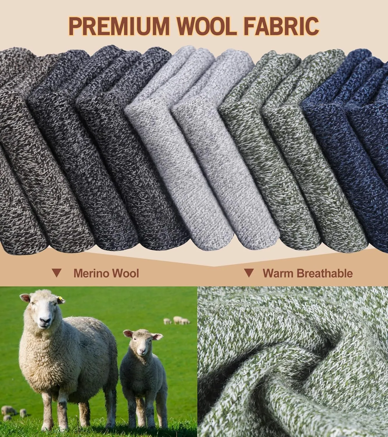 Yeblues 5 Pairs Merino Wool Socks Mens, Thick Warm Winter Socks, Hiking Socks Soft Casual Socks for Men